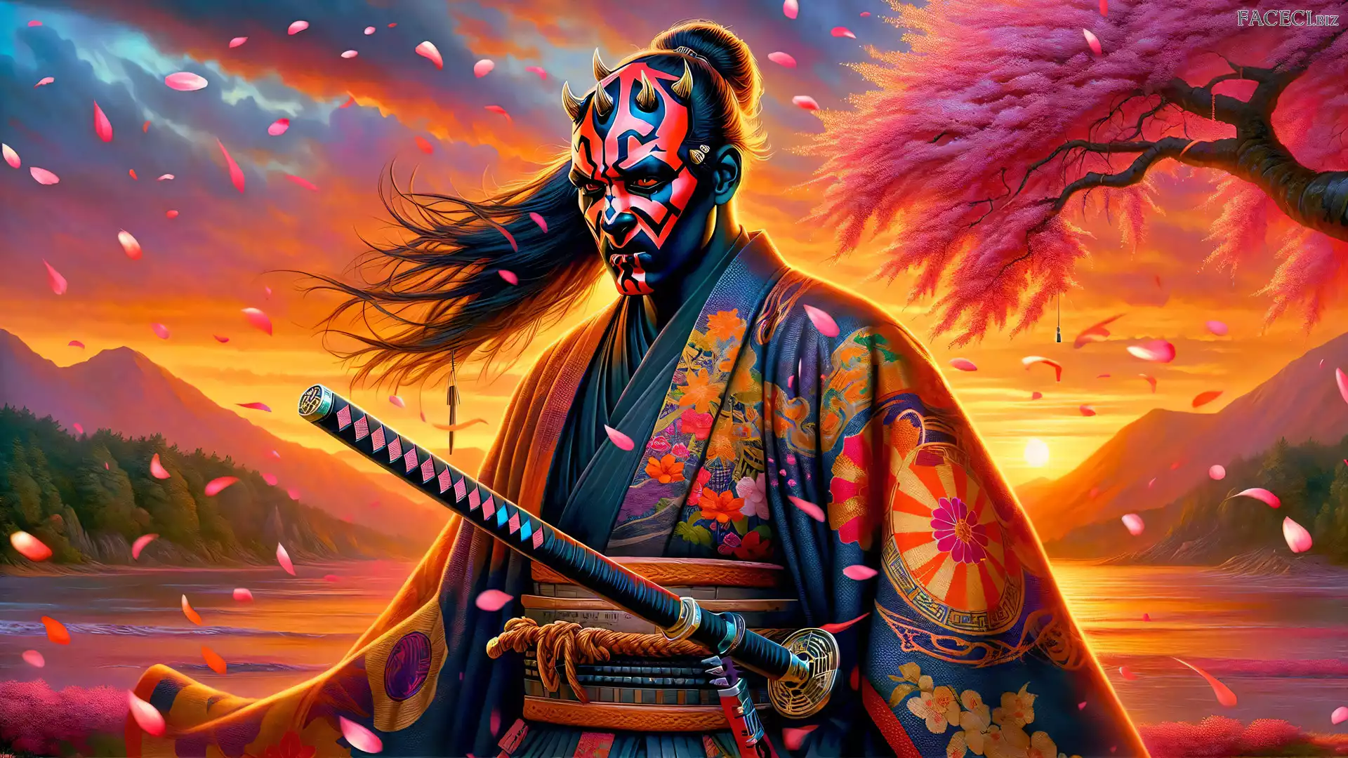 Góry, Zachód słońca, Drzewo, Darth Maul, Grafika, Samuraj, Maska, Kimono