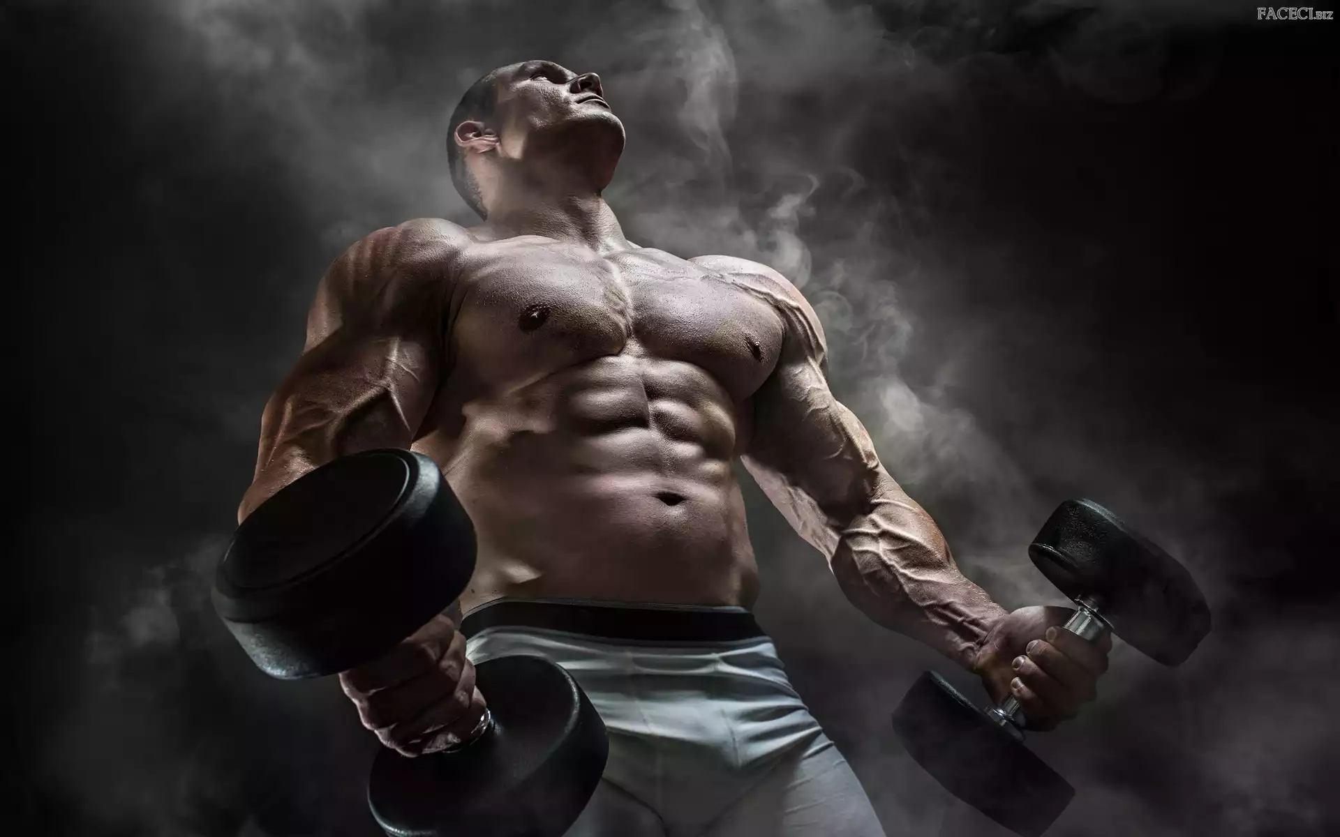 Umięśniony, Mężczyzna, Siłownia, Hantle
