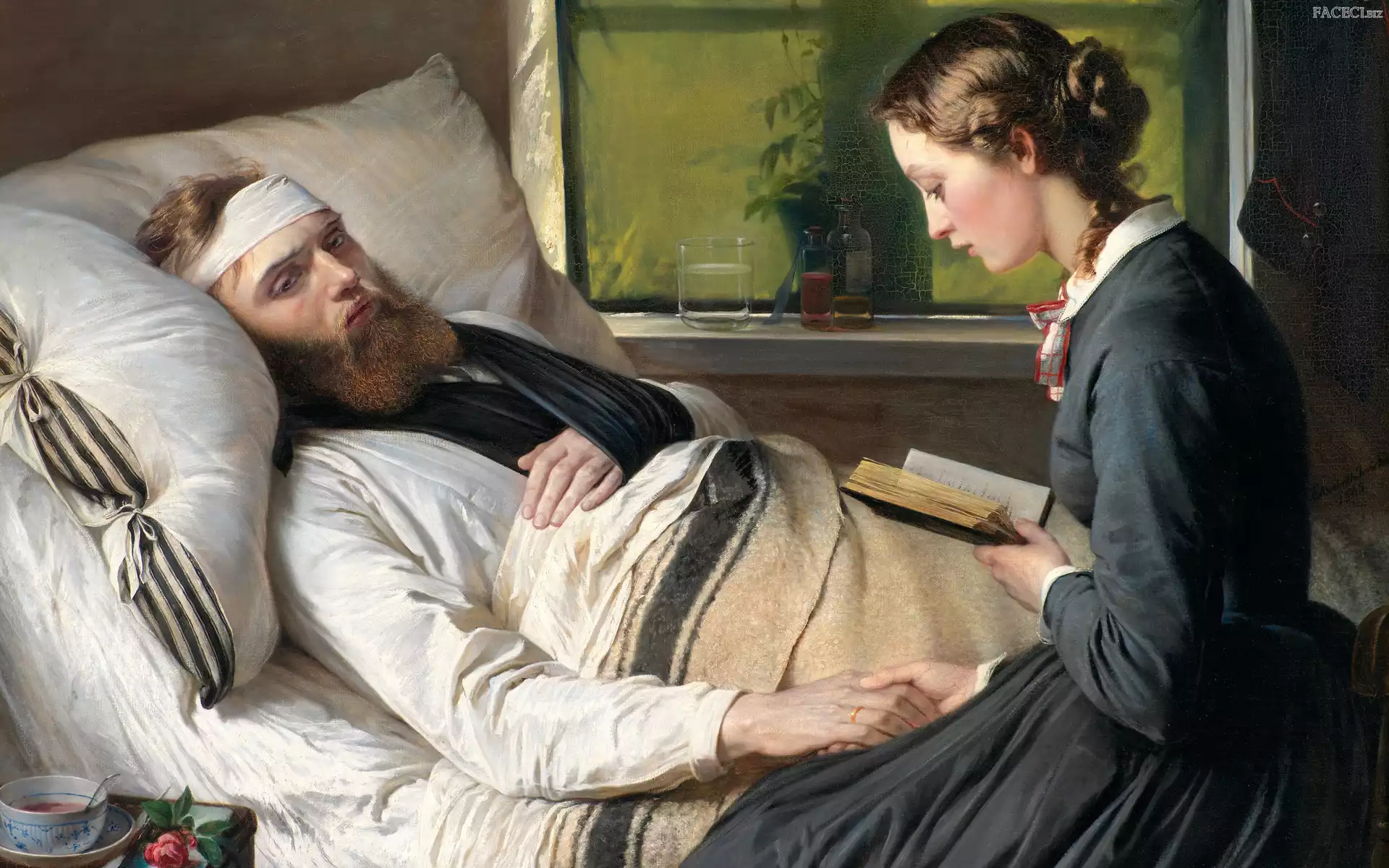 Choroba, Książka, Malarstwo, Łóżko, Czytająca, Kobieta, Elisabeth Jerichau-Baumann, Mężczyzna, Ranny, Obraz