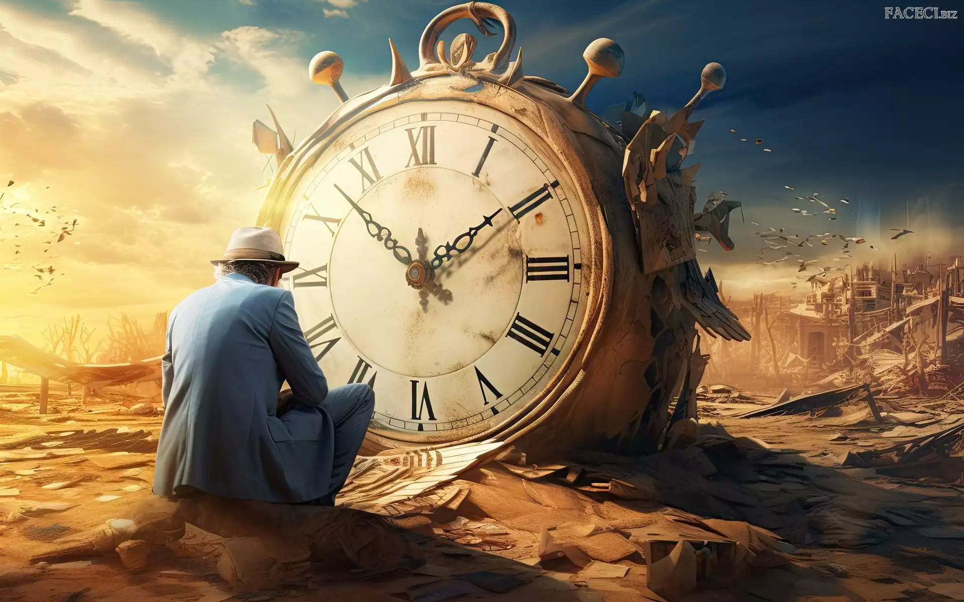 Grafika, Zegar, Ruiny, Mężczyzna