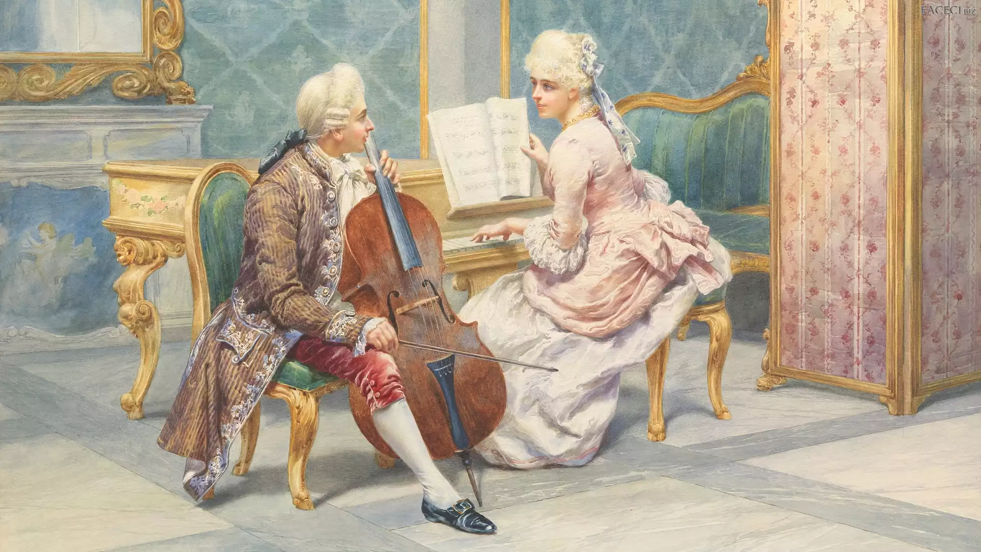 Wiolonczela, Pietro Gabrini, Malarstwo, Fortepian, Mężczyzna, Obraz, Kobieta